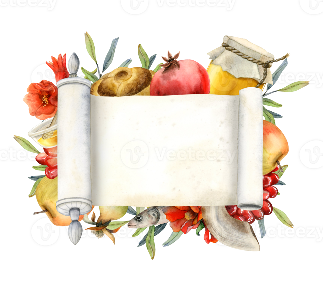 torah skrolla med rosh hashanah symboler och röd granatäpple blommor baner mall vattenfärg illustration för jewish ny år png