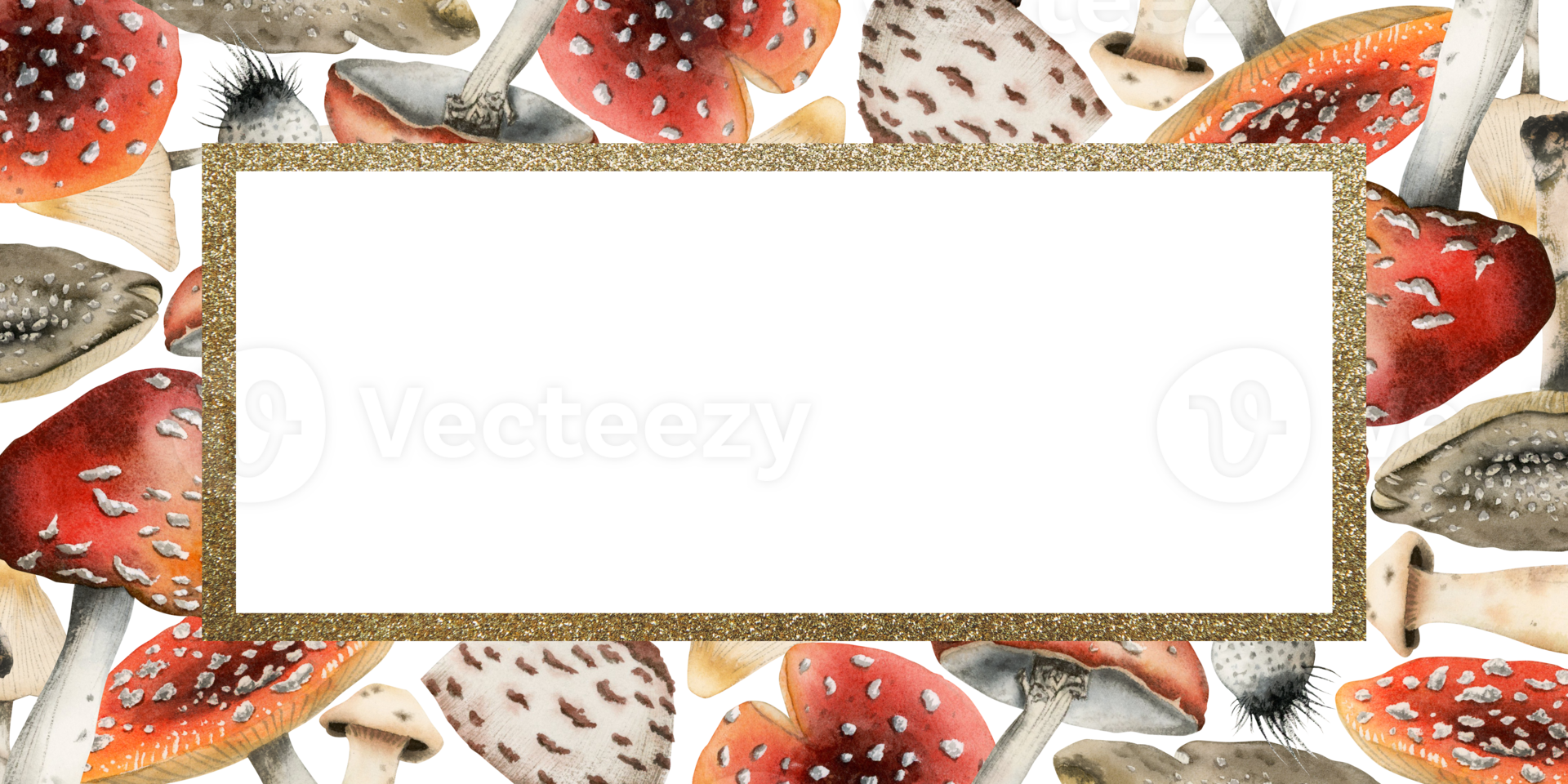 Fly agarics mushrooms rectangular frame with gold border watercolor illustration. Horizontal banner template png