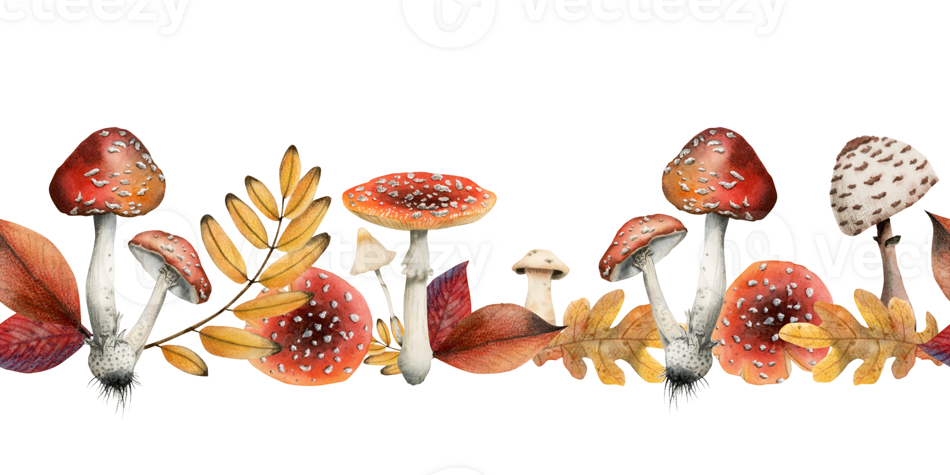 höst horisontell sömlös gräns med giftig svamp, flyga agarics, gul falla löv vattenfärg illustration png