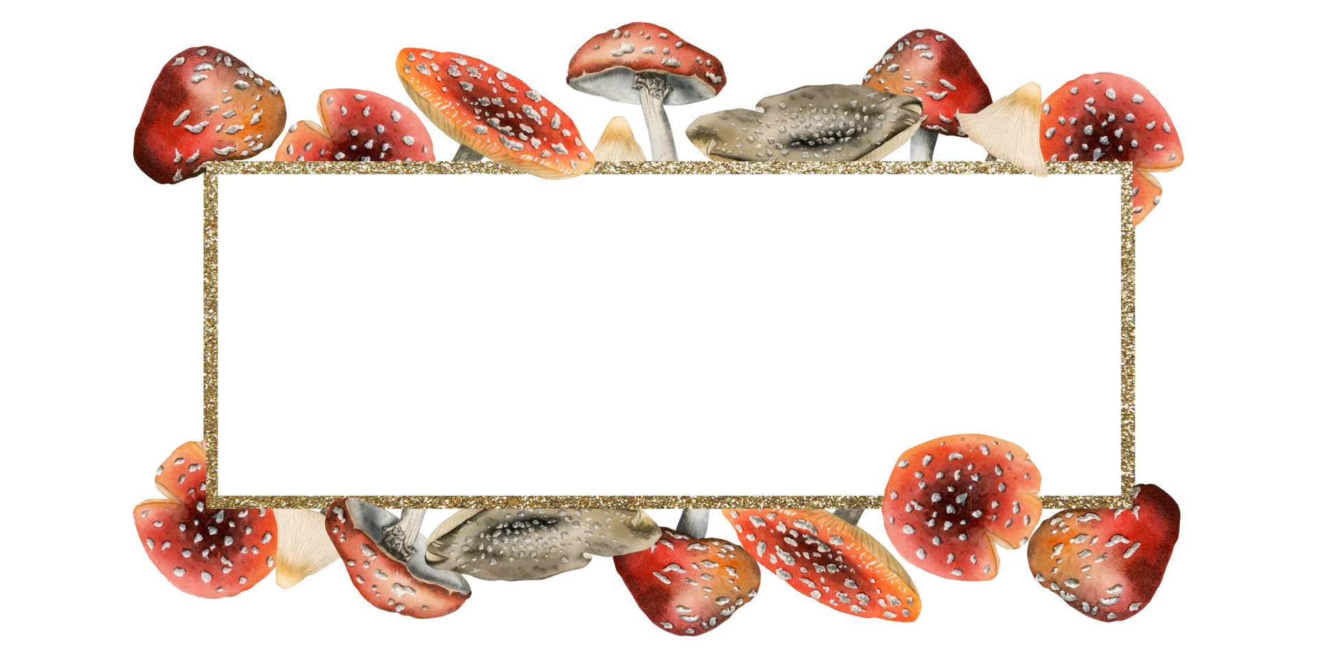 Fly agarics mushrooms rectangular frame with gold border watercolor