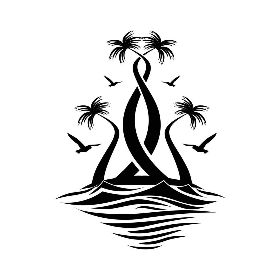Sea with palm trees vector illustration.