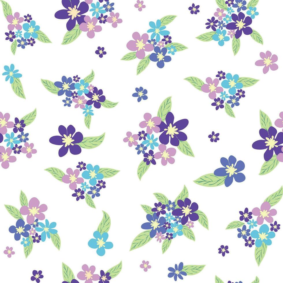 Floral seamless pattern with titian, lavender, blue, purple chamomile flower and leaves on pastel background vector