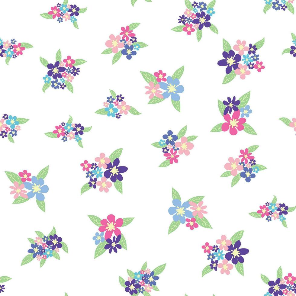 Floral seamless pattern with pink, lavender, blue, purple chamomile flower and leaves. Childish, feminine, gentle vector