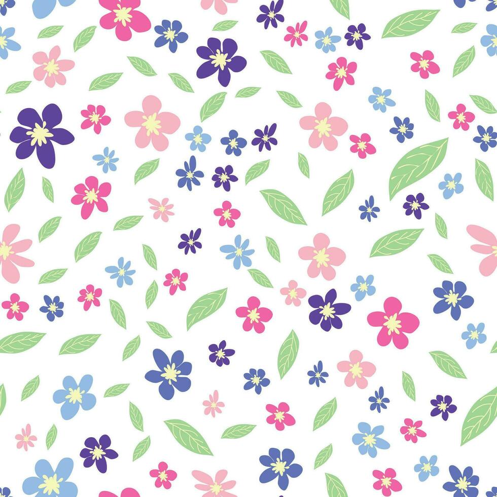 Floral seamless pattern with pink, lavender, blue, purple chamomile flower and leaves. Childish, feminine, gentle vector