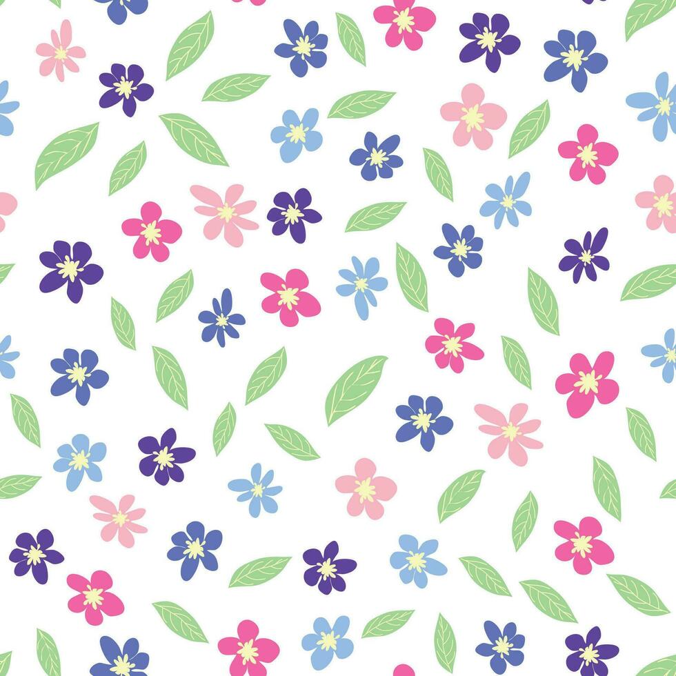 floral sin costura modelo con rosa, lavanda, azul, púrpura manzanilla flor y hojas. infantil, femenino, amable vector