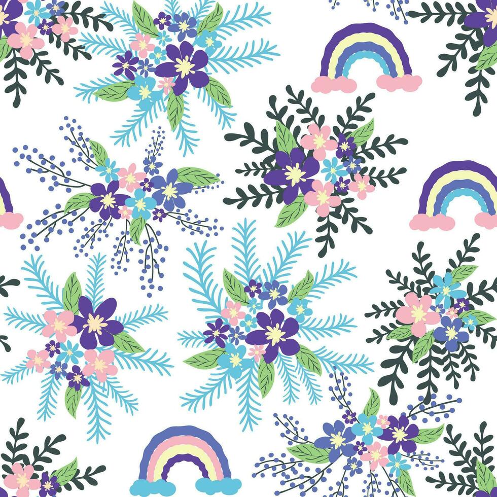 Floral seamless pattern with titian, lavender, blue, purple chamomile flower and leaves on pastel background vector