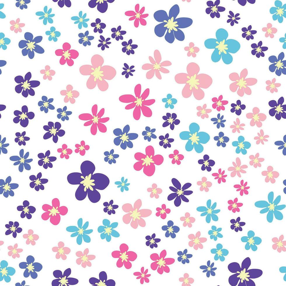 floral sin costura modelo con rosa, lavanda, azul, púrpura manzanilla flor y hojas. infantil, femenino, amable vector