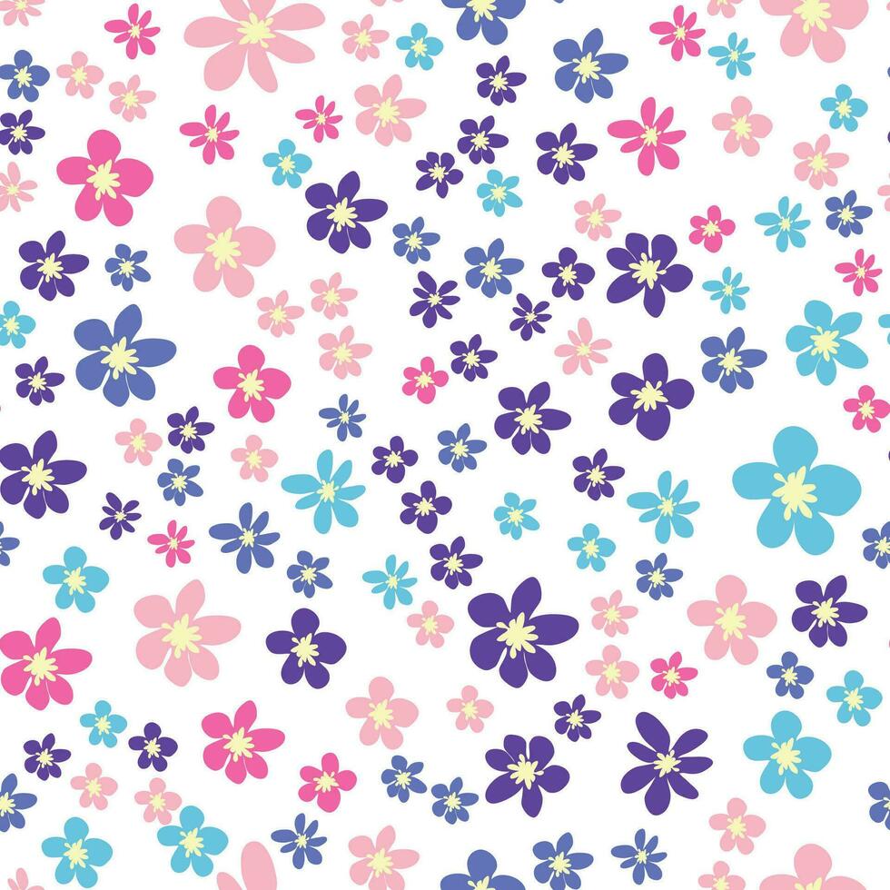 Floral seamless pattern with pink, lavender, blue, purple chamomile flower and leaves. Childish, feminine, gentle vector