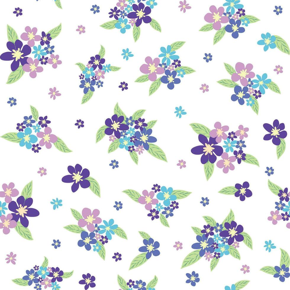 Floral seamless pattern with titian, lavender, blue, purple chamomile flower and leaves on pastel background vector