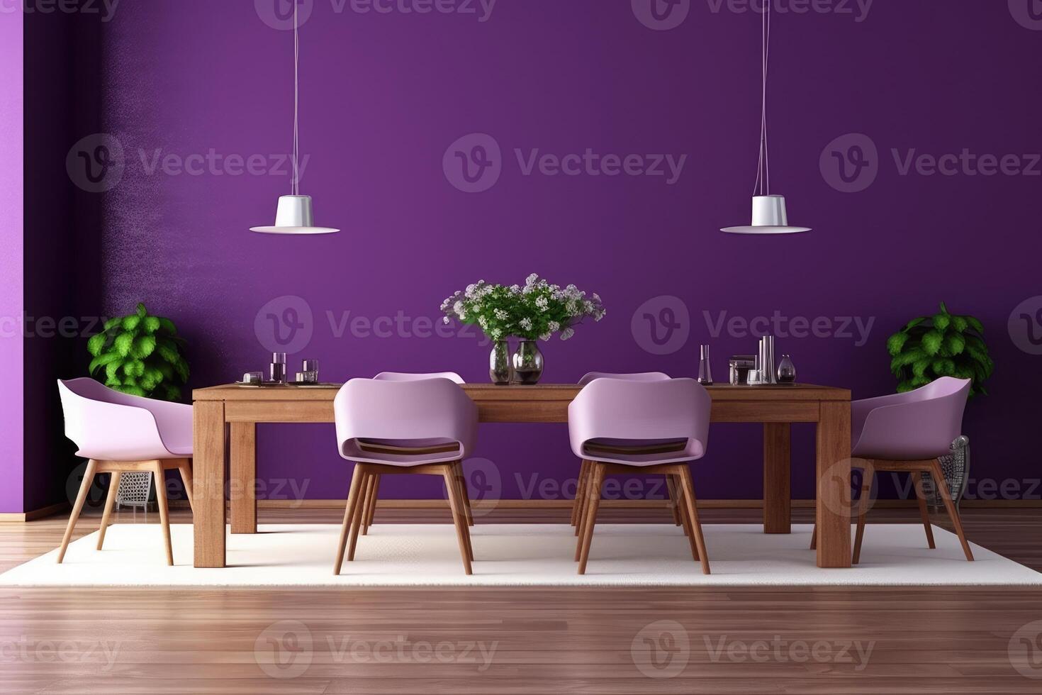 stock photo of modern wood purple dining room ultra AI Generated