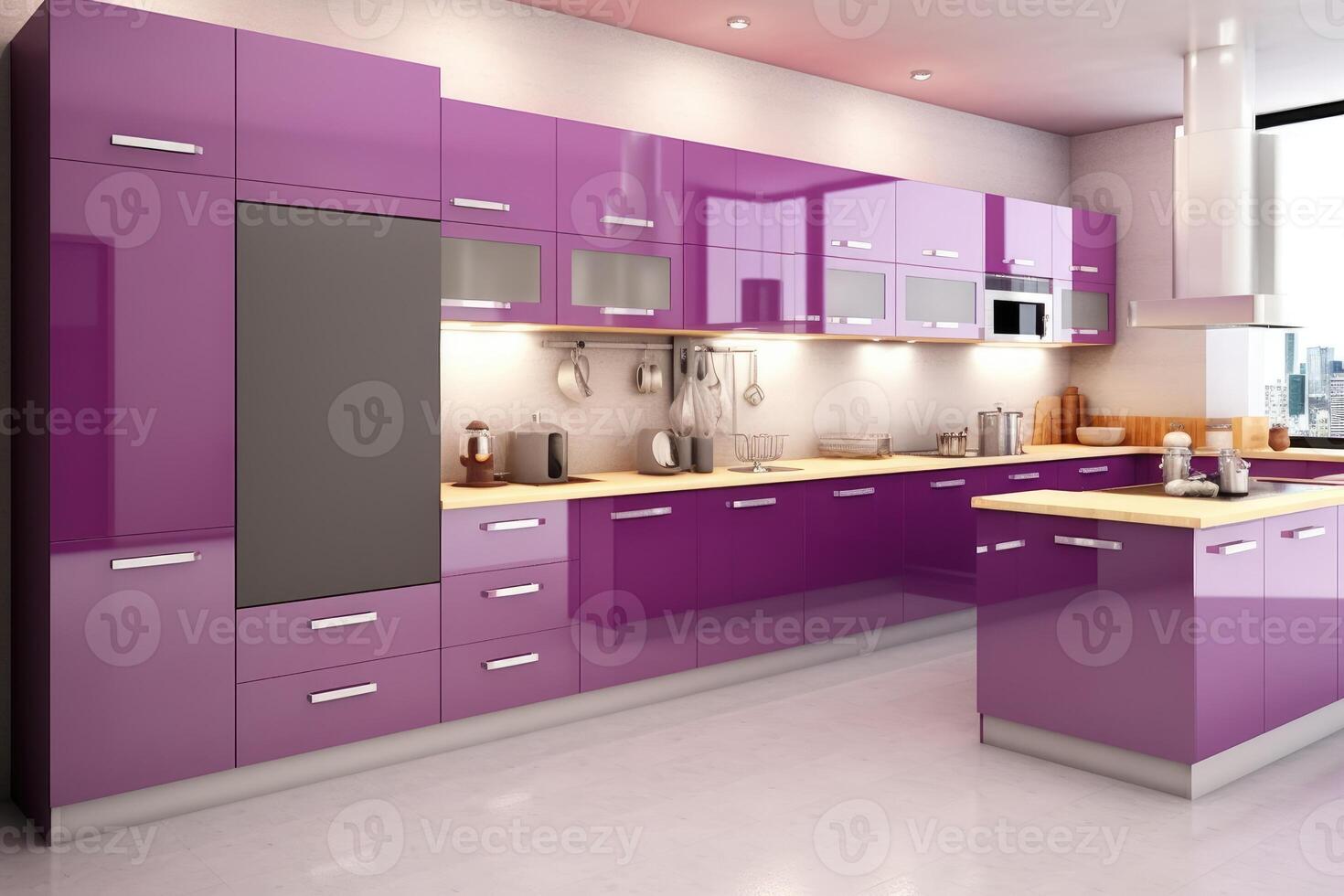 stock photo of modern wood purple kitchen ultra