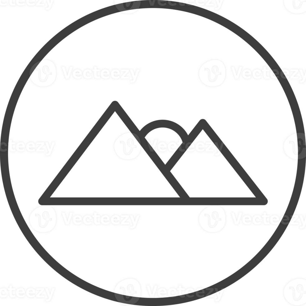 mountain and sun icon in thin line black circle frames. png