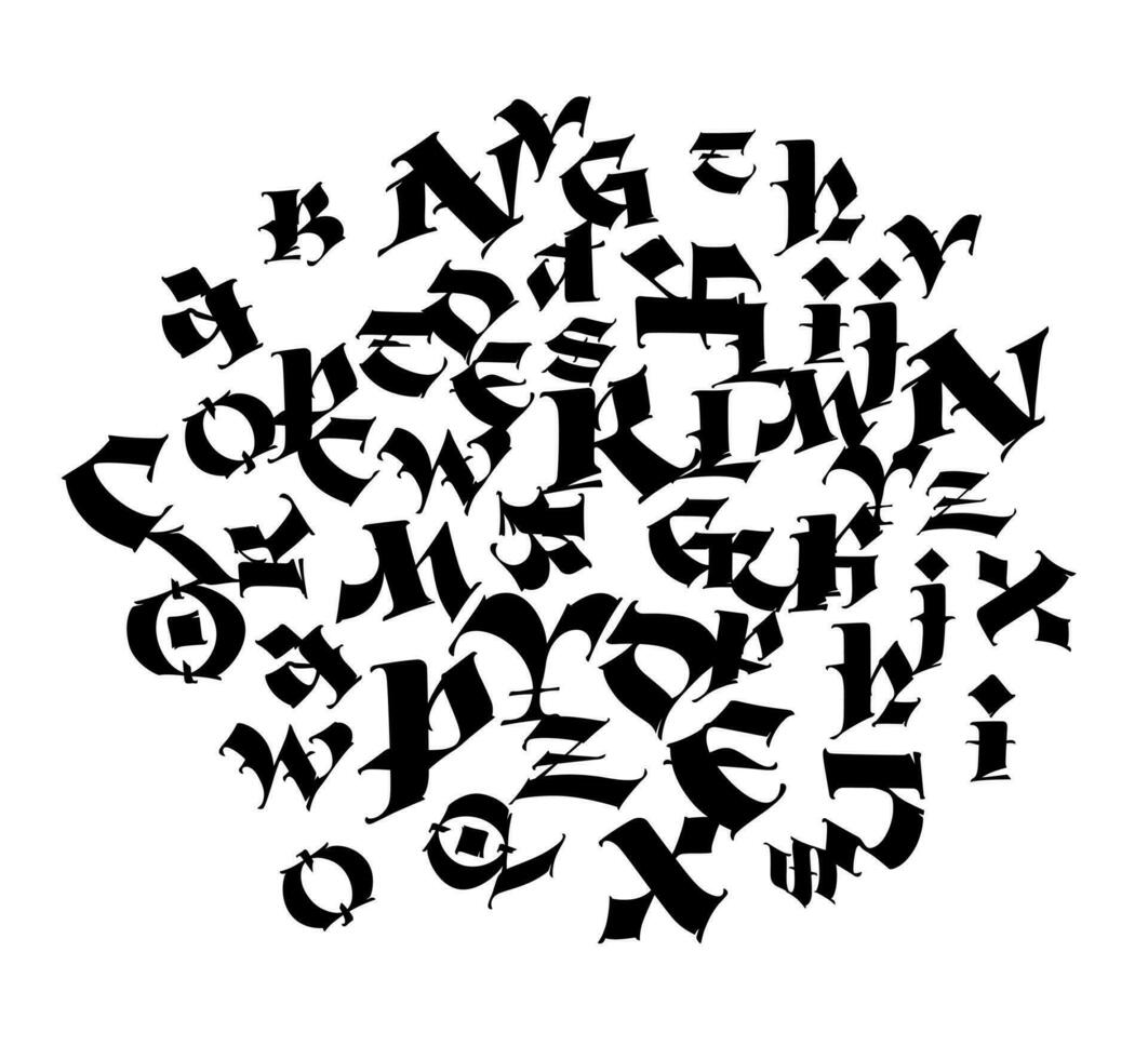 Gothic composition. Vector. Medieval Latin letters. Random letters in random order. Black letters isolated on white background. Design for fabric and packaging. vector