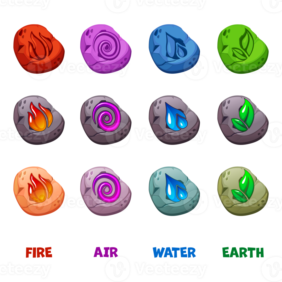 Abstract Wind, Air, fire, water, earth symbol design on stones for game or app concept in different color. Icons for UI game. png