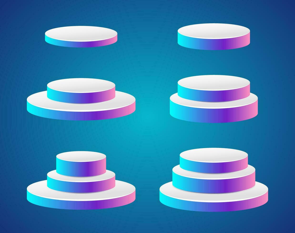 Realistic vector podium set, 3d scene mockup. Round shape award pedestal, neon showcase stand platform.