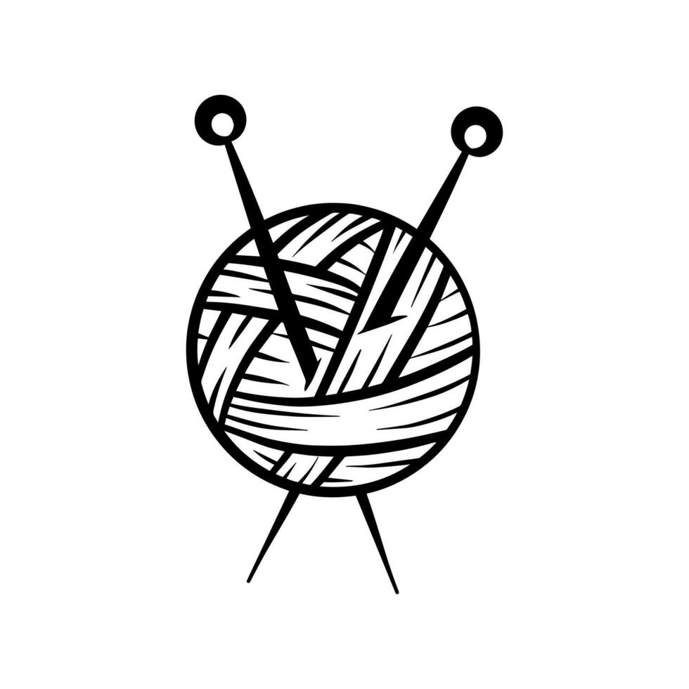 Yarn ball and needle for knitting vector icon. Doddle logo design element. Simple black emblem.