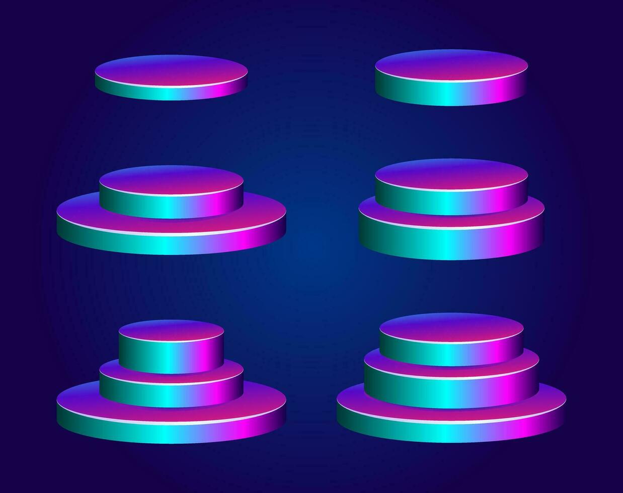 Realistic vector podium set, 3d scene mockup. Round shape award pedestal, purple metallic showcase stand platform.