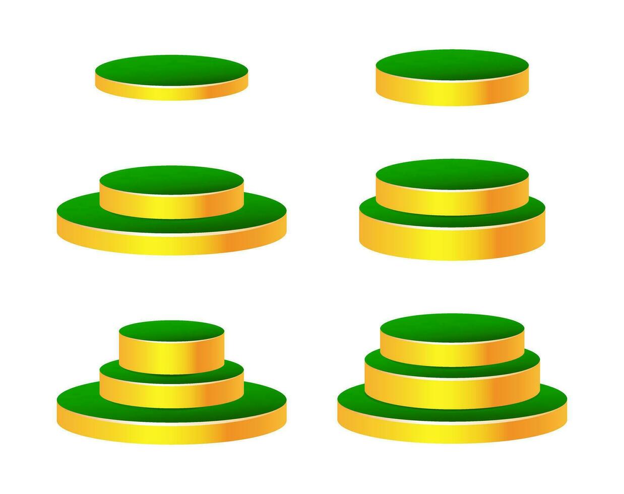 Realistic vector podium set, 3d scene mockup. Round shape award pedestal, golden showcase stand platform.