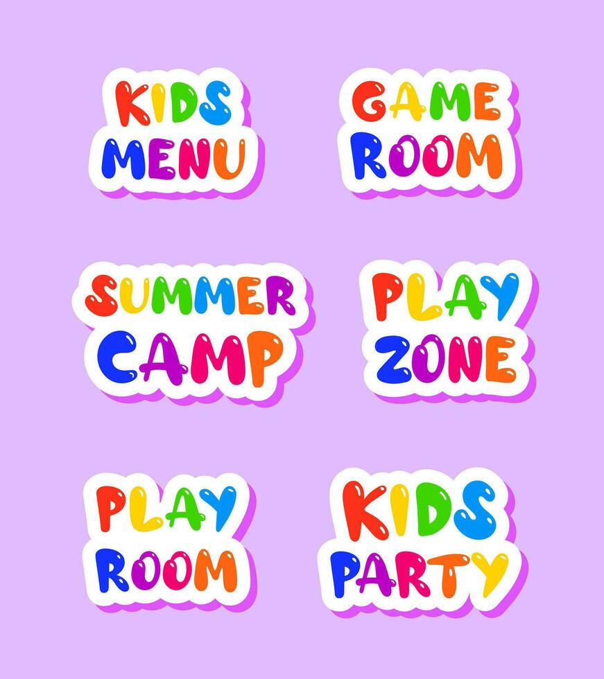 Colorful cartoon stickers for kids playing room. Game zone label. Kids menu. Summer camp. Kids party. vector