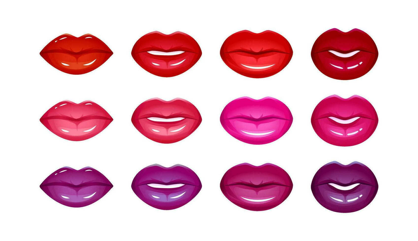 realista labios vector conjunto aislado en blanco. mujer 3d boca, rojo, rosado y púrpura brillante lustroso lápiz labial. Moda glamour ilustración.