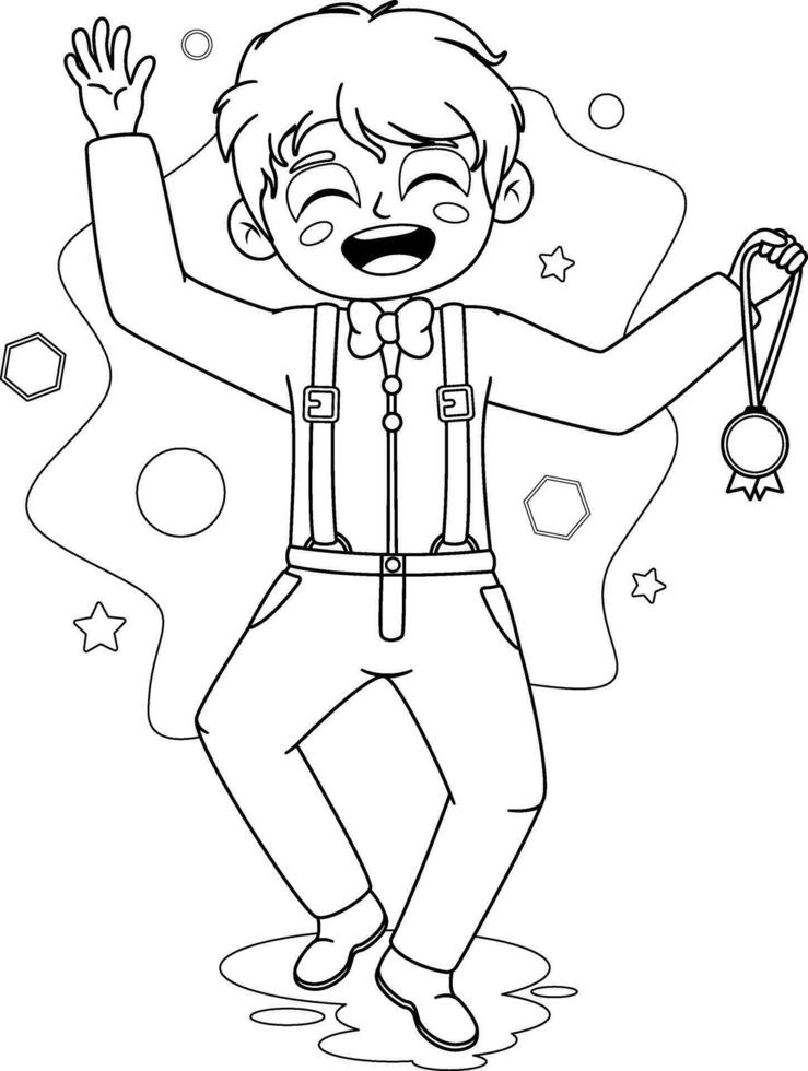 Coloring page. Joyful Schoolboy Leaping with a Medal vector