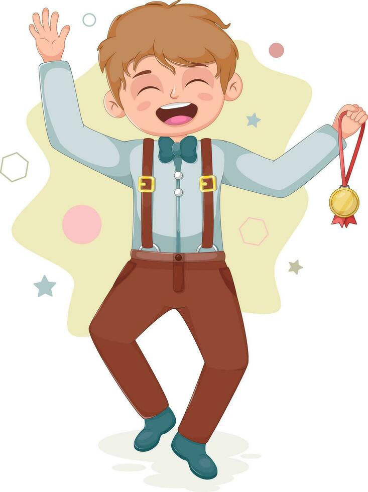 Triumph of Academic Achievement. Joyful Schoolboy Leaping with a Medal vector