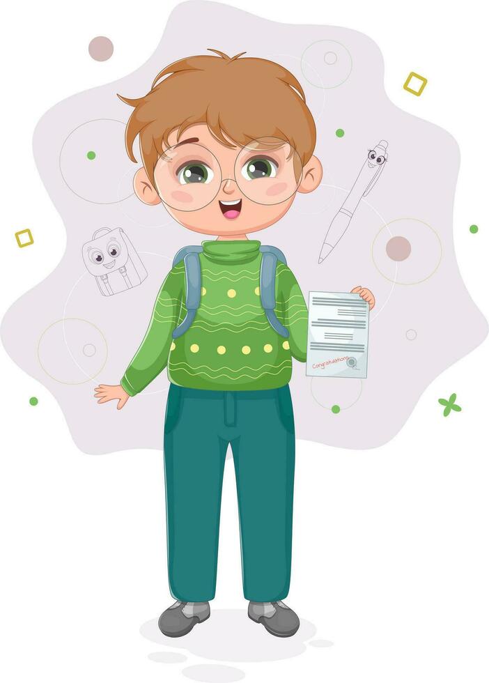 Academic Excellence. Schoolboy with Glasses, School Bag, and Congratulations Note vector