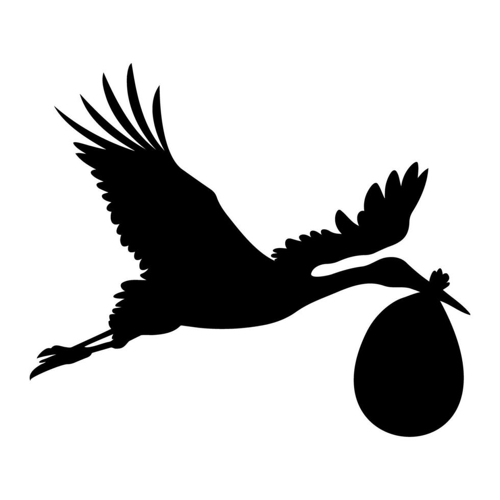 Stork flying carrying a bag silhouette. Vector illustration