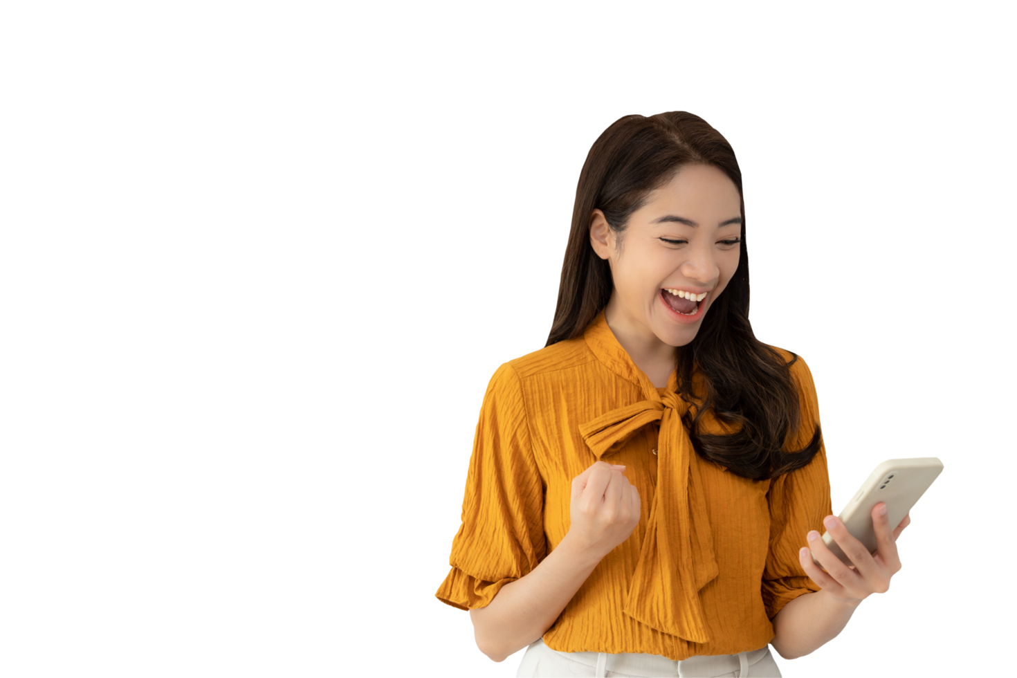 Happy woman, Portrait of smiling Asia girl using mobile phone, freelance, out site, research, copy space, happy cheerful cute business, positive energy, female executive, attractive, expression, png