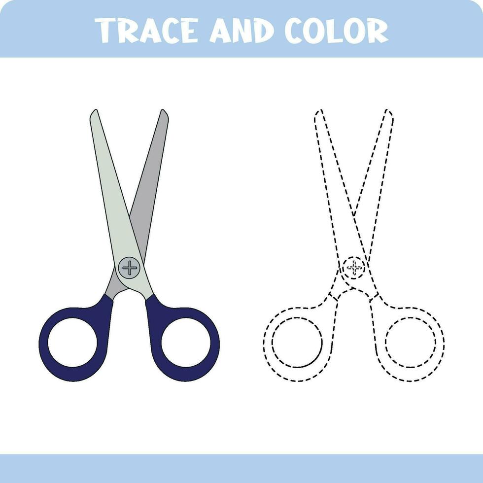 Trace and color educational worksheet for kids. Tracing objects. Activity color pages. Scissors vector