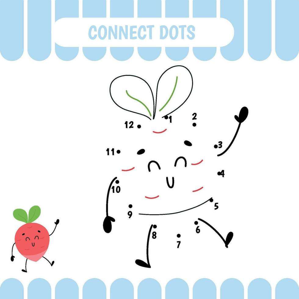 Dot to dot educational game for preschool kids. Radish. Activity worksheet. Counting number  handwriting practice. Vector Illustration.