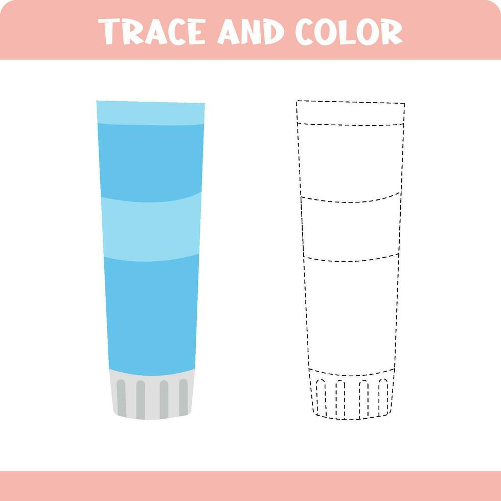 Activity page for kids education. Trace and color worksheet for kids. Tracing objects. Color page. Cream tube vector