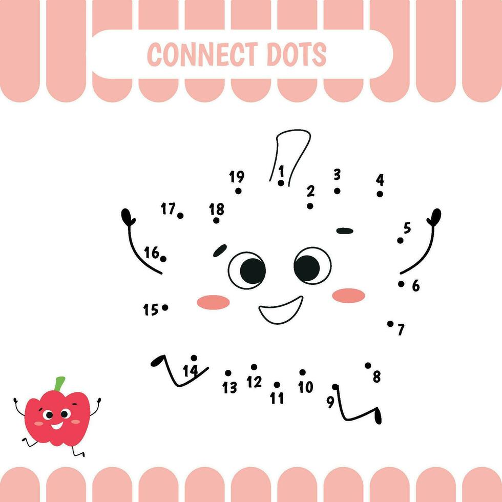 Dot to dot educational game for preschool kids. Pepper. Activity worksheet. Counting number  handwriting practice. Vector Illustration.