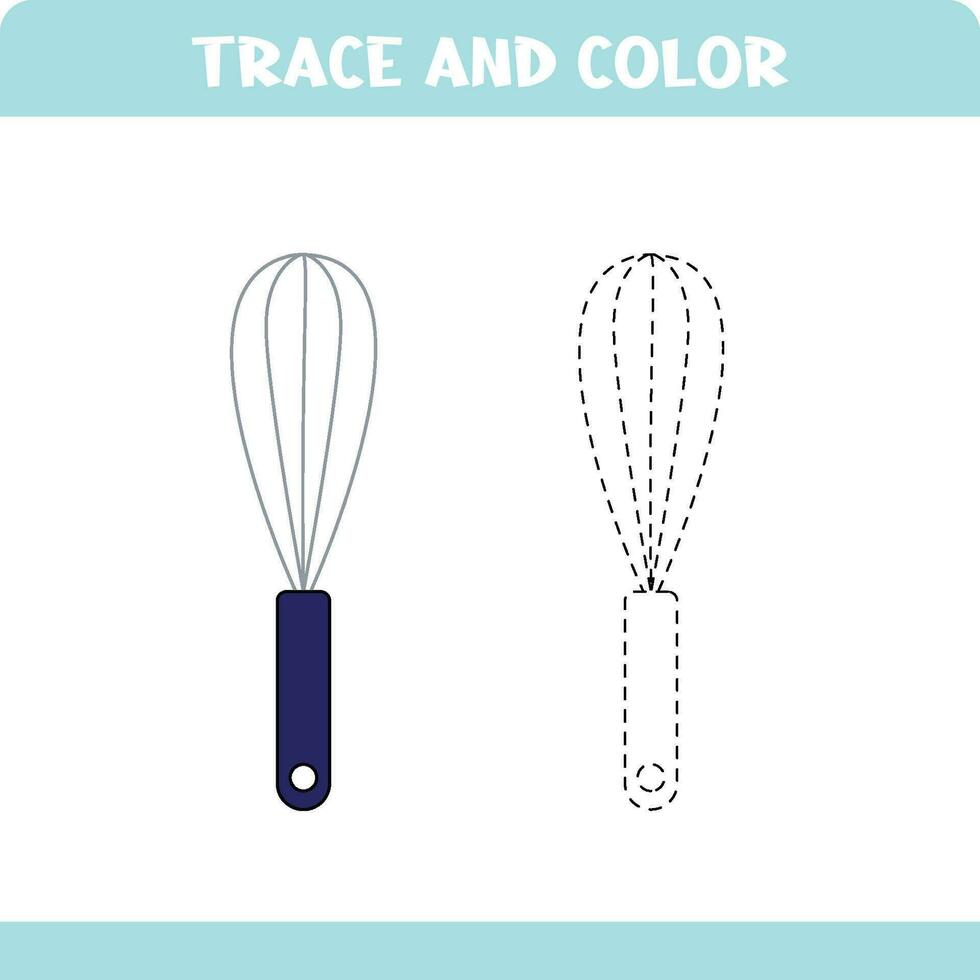 Activity page for kids education. Trace and color worksheet for kids. Tracing objects. Color page. Whisk vector