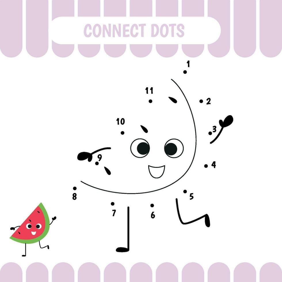 Dot to dot educational game for preschool kids. Watermelon. Activity worksheet. Counting number  handwriting practice. Vector Illustration.