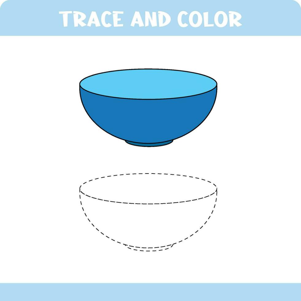 Activity page for kids education. Trace and color worksheet for kids. Tracing objects. Color page. Bowl vector