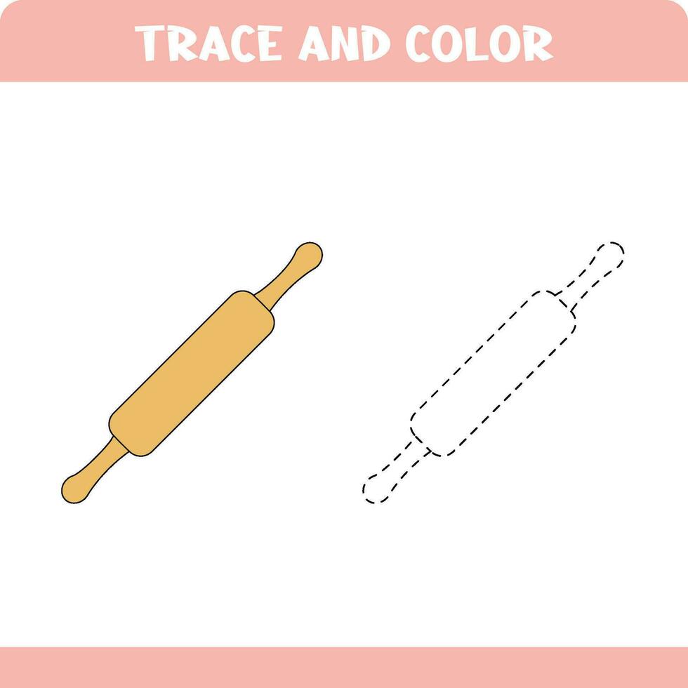 Activity page for kids education. Trace and color worksheet for kids. Tracing objects. Color page. Rolling pin vector