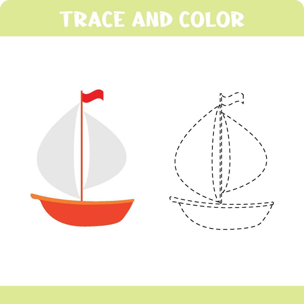 Activity page for kids education. Trace and color worksheet for kids. Tracing objects. Color page. Yacht vector