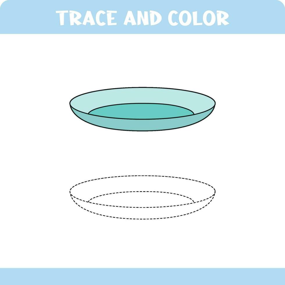 Trace and color educational worksheet for kids. Tracing objects. Activity color pages. plate vector