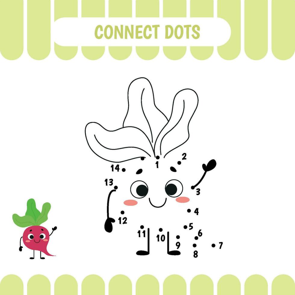 Dot to dot educational game for preschool kids. Beet. Activity worksheet. Counting number  handwriting practice. Vector Illustration.