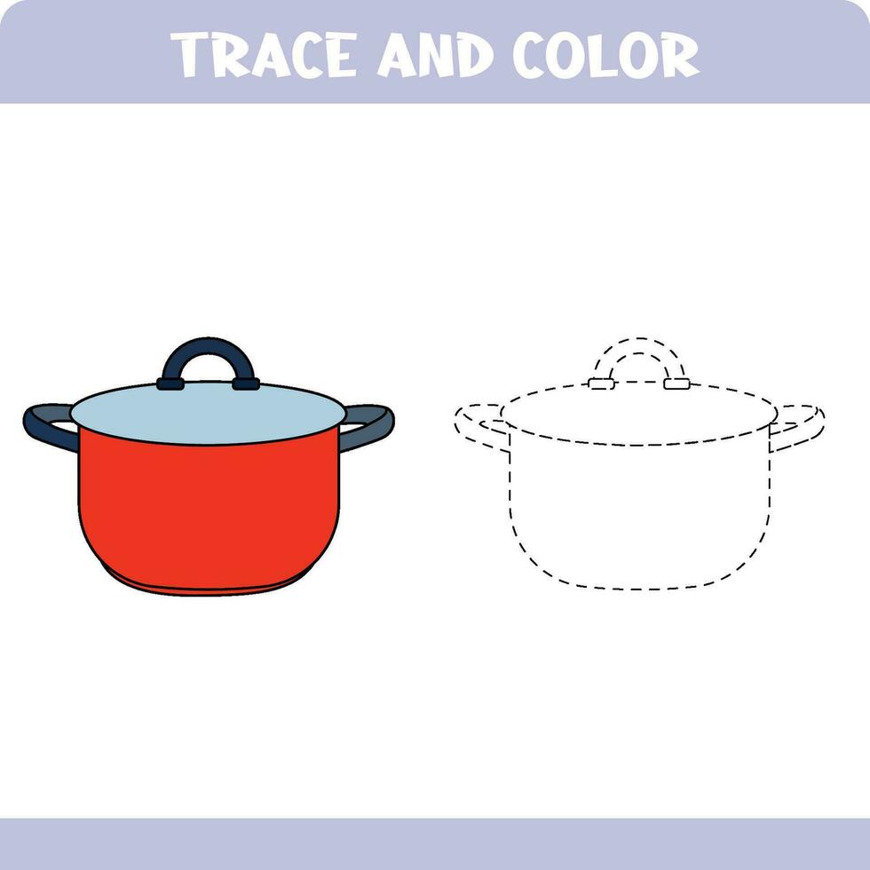 Activity page for kids education. Trace and color worksheet for kids. Tracing objects. Color page. Saucepan vector