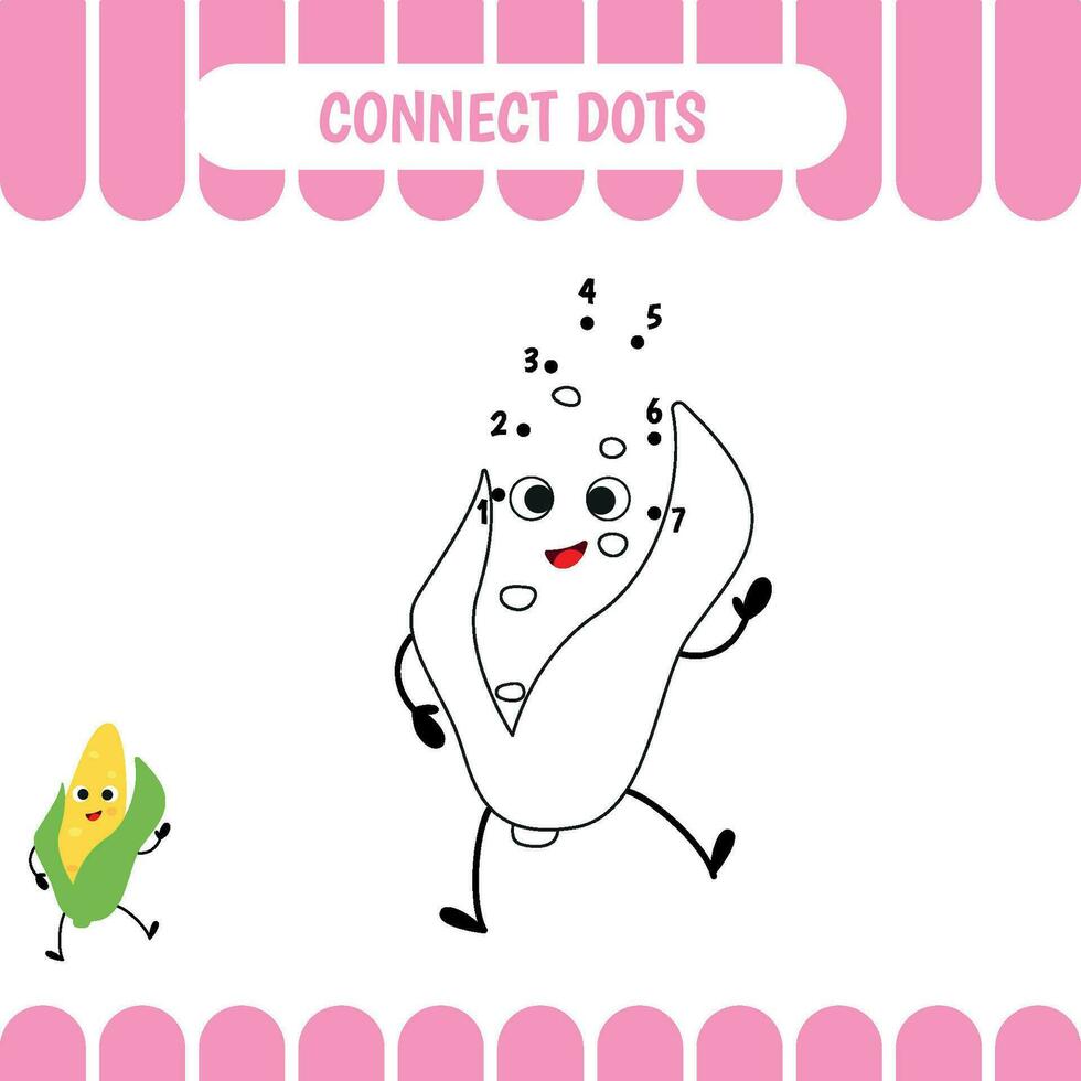 Dot to dot educational game for preschool kids. Corn. Activity worksheet. Counting number  handwriting practice. Vector Illustration.