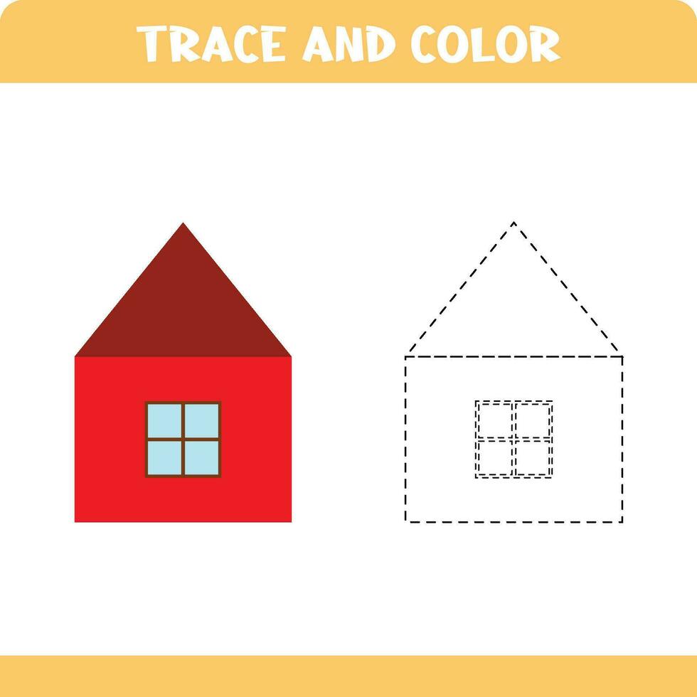 Activity page for kids education. Trace and color worksheet for kids. Tracing objects. Color page. House vector