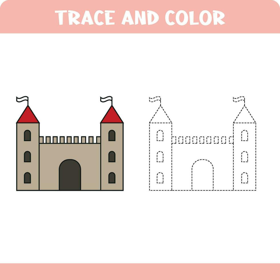 Trace and color educational worksheet for kids. Tracing objects. Activity color pages. Castle vector