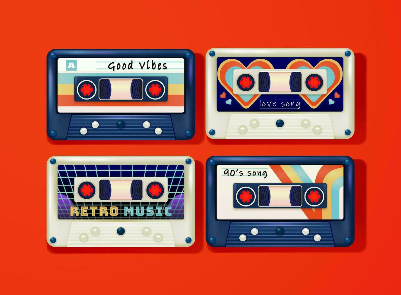 VHS Cassette. 3d vector of awesome super hits old tapes with rock, retro and love theme. 80s, 90s style, outdated technology and music concepts
