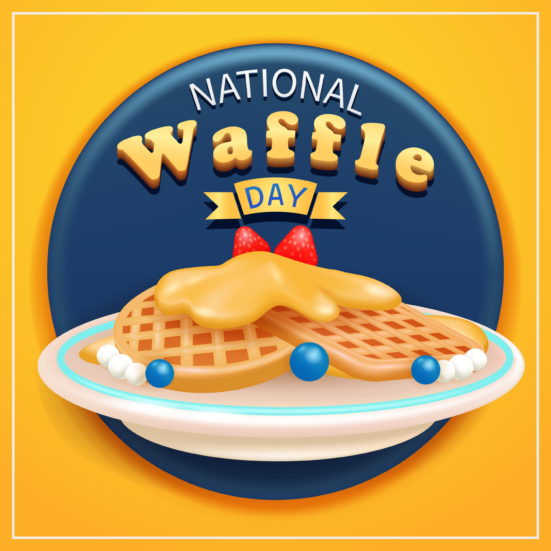 National waffle day. 3d vector of waffles on a plate topped with honey