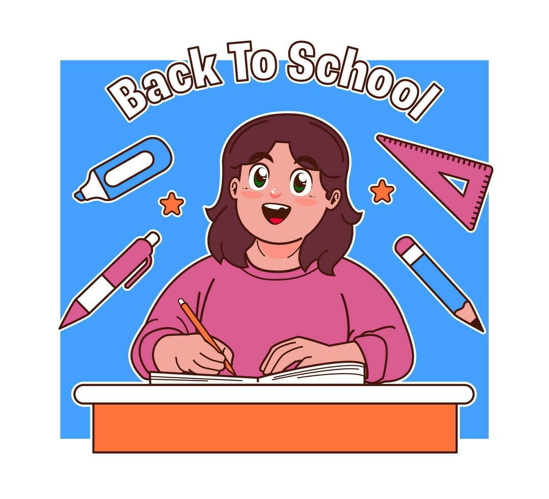 Little girl are sitting studying at school, back to school vector