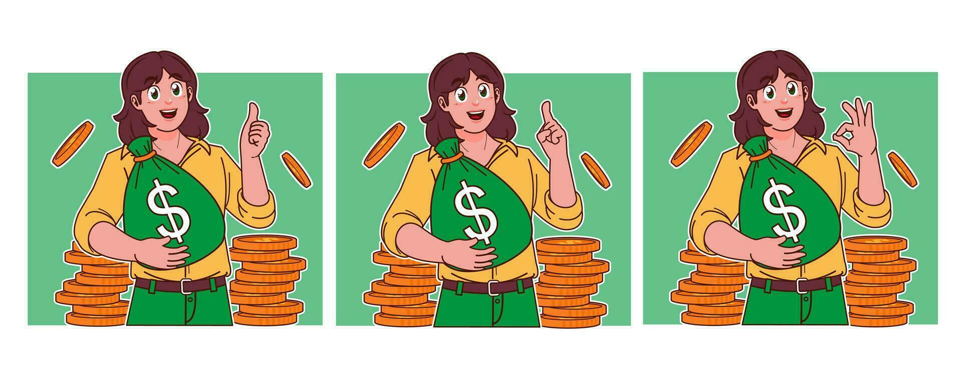 Woman carrying sack of money and stack of coins vector