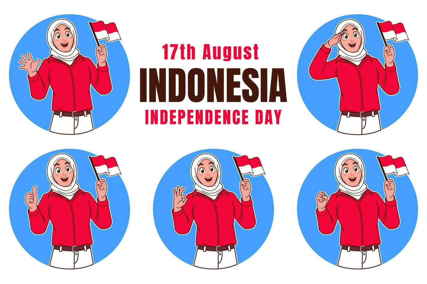 Hijab woman holding Indonesian flag, Indonesia Independence Day vector