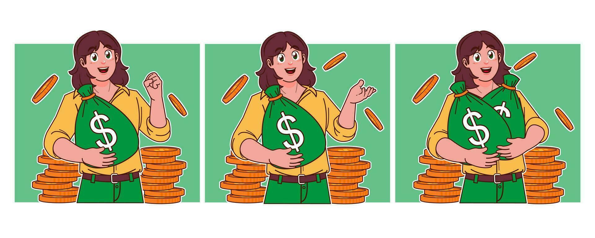 Woman carrying sack of money and stack of coins vector